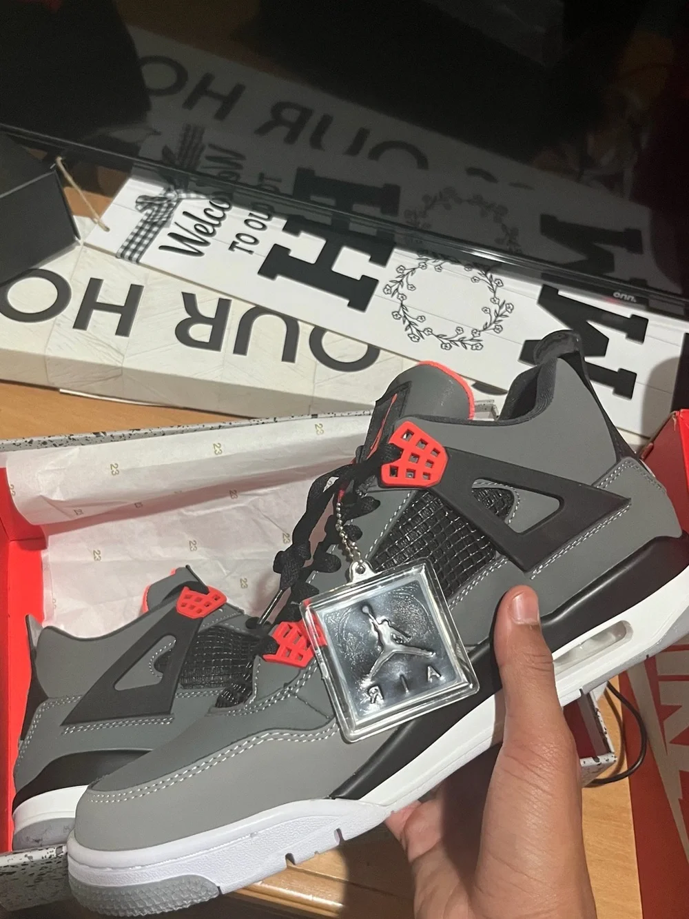 Jordan Retro 4 Sneakers in Grey, Black & Red Accent